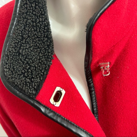 London Fog ZENA Candy Red Black Leather Trim Wool Clasp Snap Button Up Pea Coat - Picture 11 of 13